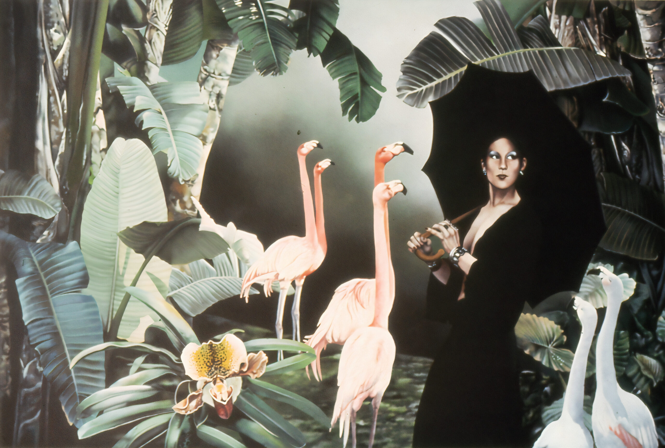 Renée with Umbrella and Six Flamingoes